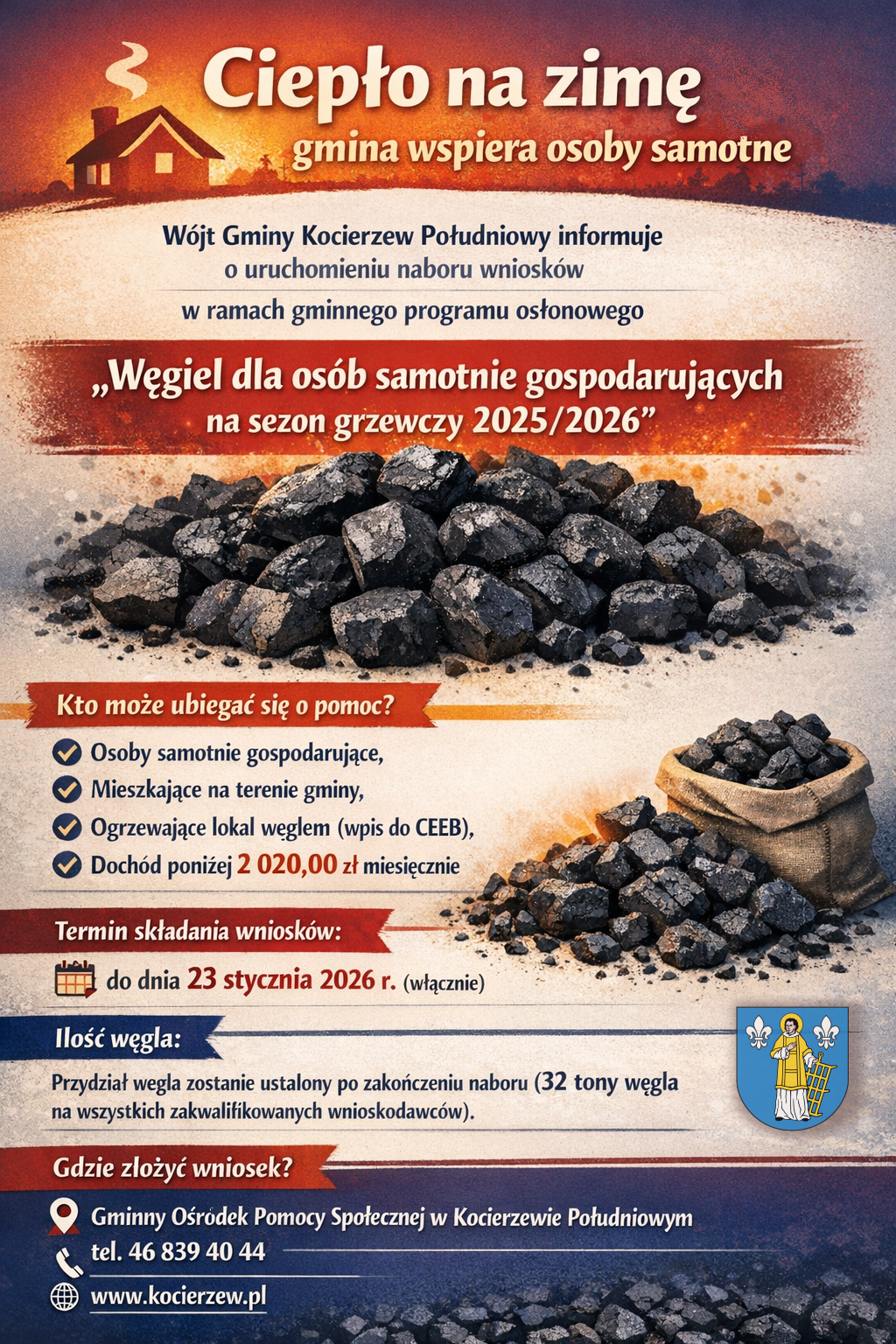 Informacja o&nbsp;naborze wniosk&oacute;w w&nbsp;ramach programu osłonowego "Węgiel dla os&oacute;b samotniegospodarujących"